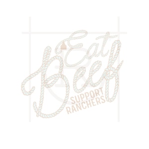 Op de afbeelding: Een witte achtergrond met de woorden "Eat Beef" geschreven in een touwachtig lettertype. De woorden "Support Ranchers" staan eronder in een kleiner lettertype.