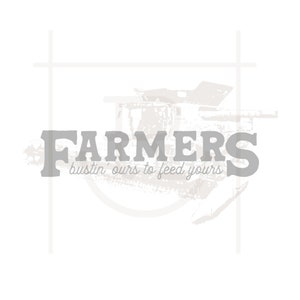 May include: A vintage-style logo for a farm or agricultural business. The logo features a gray silhouette of a combine harvester with the text "FARMERS" in a bold, gray font. The tagline "bustin' ours to feed yours" is written in a smaller, gray font below the main text.