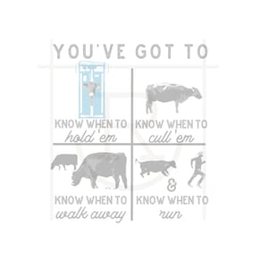 Op de afbeelding: Een motiverend citaat over weten wanneer je moet vasthouden, afdanken, weggaan en rennen. Het citaat wordt geïllustreerd met een reeks koeien en een cowboy.