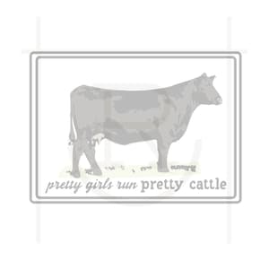 May include: A gray and white cow in a gray frame with the text "pretty girls run pretty cattle".