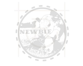 May include: A black and white illustration of a calf with the word "NEWBIE" printed on the image.