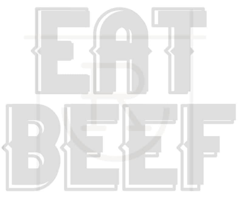 Może przedstawiać: Grafika w kolorze jasnoszarym z napisem "EAT BEEF" w odważnej, stylizowanej czcionce. Litery mają ozdobny kontur i są umieszczone na białym tle. Projekt jest prosty i bezpośredni.