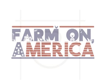 May include: A red, white, and blue graphic with the text "Farm On America". The graphic features a tractor, a barn, a chicken, a rooster, a duck, a cat, and a bird.