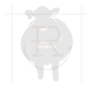 Peut inclure: Une silhouette grise d'une vache avec le texte "Well Rounded" dans un cercle autour d'elle.