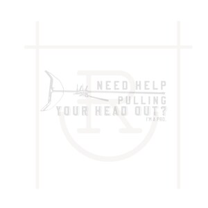 以下が含まれることがあります： フックのスタイリッシュな画像と「NEED HELP PULLING YOUR HEAD OUT? I'M A PRO.」というテキストが書かれた白いグラフィックデザイン