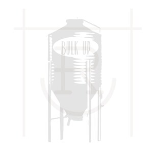 May include: A gray silo with the words "Bulk Up" written on it. The silo is on a white background.