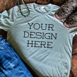 Bella Canvas Unisex Triblend 3413C DUSTY BLUE Country Western Flatlay // Includes 4 Flatlay Images with Different Western Backgrounds!