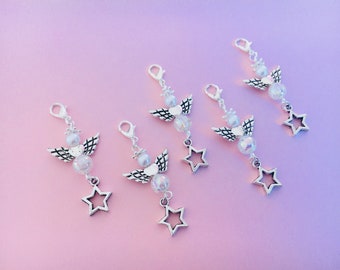 5 Perlenengel Anhänger mit wunderschöner irisierender Perle und Stern Charm, Engel, Schutzengel, Acryl Metalllegierung