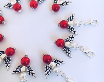 10 Perlenengel mit Karabinerhaken, handmade, Schutzengel, Anhänger, rot