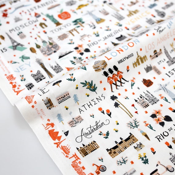 Rifle Paper Co. Bon Voyage World Traveler White - Cotton + Steel - PER QUARTER METRE Rifle Paper Co. Bon Voyage World Traveler White - Cotton + Steel - PER QUARTER METRE