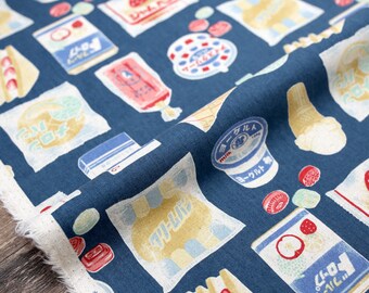 Japanese Fabric Kokka Trefle Retro Japan Food - Cotton Linen Canvas - Navy - Fat Quarter