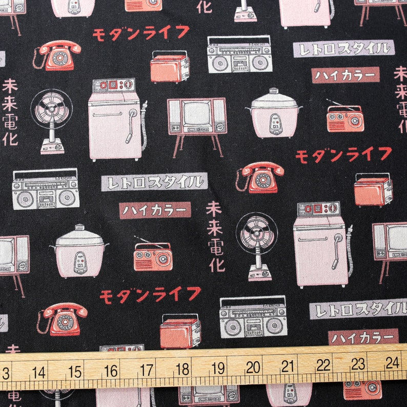 Fat Quarter Japanese Fabric Kokka Trefle Retro Japan Gadgets Black Cotton Linen Canvas