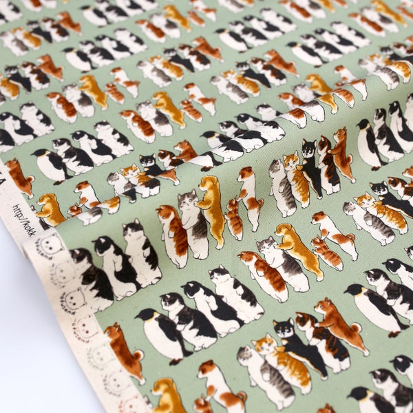 Japanese Fabric Kokka Mofusand Cats Collage - Cotton Oxford Canvas - Mint - 50cm