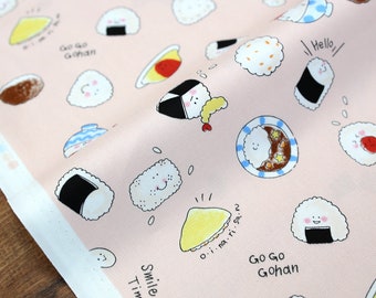 Japanese Fabric Kokka Smile Time Onigiri Sushi Cotton Oxford Canvas - Pink - Fat Quarter