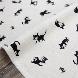 Japanese Fabric Hishiei Black Cats - Cotton Linen Canvas - Beige - 50cm