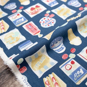 Japońska tkanina Kokka Trefle Retro Japan Food - płótno bawełniane lniane - granatowe - 50 cm