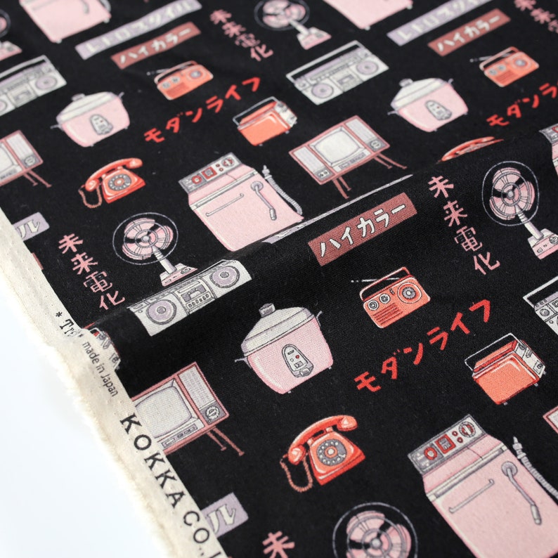 Fat Quarter Japanese Fabric Kokka Trefle Retro Japan Gadgets Black Cotton Linen Canvas