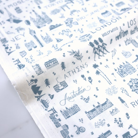 Rifle Paper Co. Bon Voyage World Traveler Silhouette Grey - Cotton + Steel - PER QUARTER METRE Rifle Paper Co. Bon Voyage World Traveler Silhouette Grey - Cotton + Steel - PER QUARTER METRE