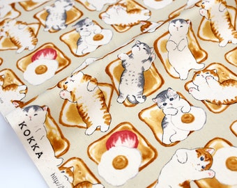 Tissu japonais Kokka Mofus et chats sur un toast - Toile de coton oxford - Beige - Fat Quarter