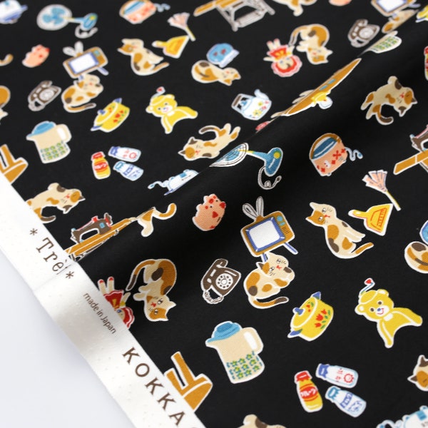 Japanese Fabric Kokka Trefle Retro Cats - Cotton Oxford Canvas - Navy - 50cm