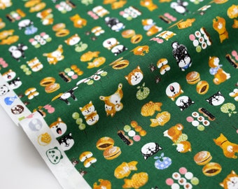 Japanese Fabric Warabi Shiba Inu Oden - Cotton Sheeting - Green - Fat Quarter