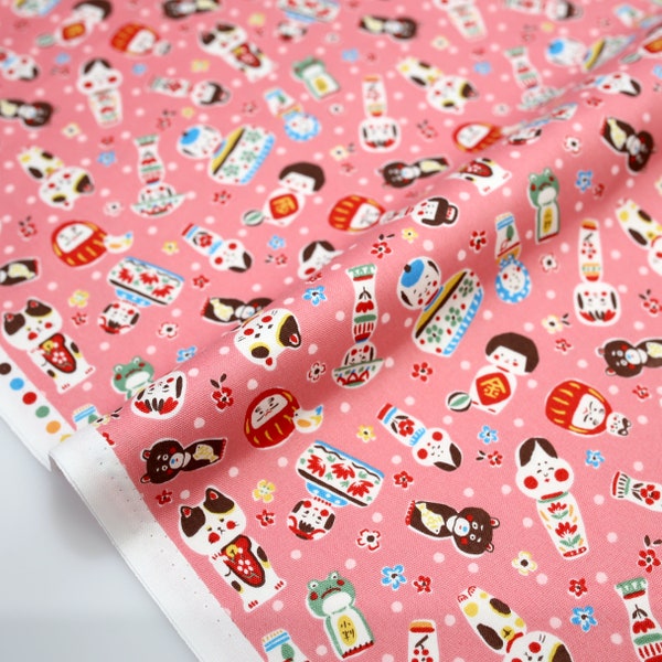 Tissu Japonais Kokka Kokeshi Collage - Coton Oxford Toile - Rose - 50cm