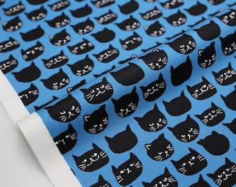 Japanese Fabric Hishiei Cocoland Cats Faces 2 - Cotton Canvas Oxford - Teal - Fat Quarter