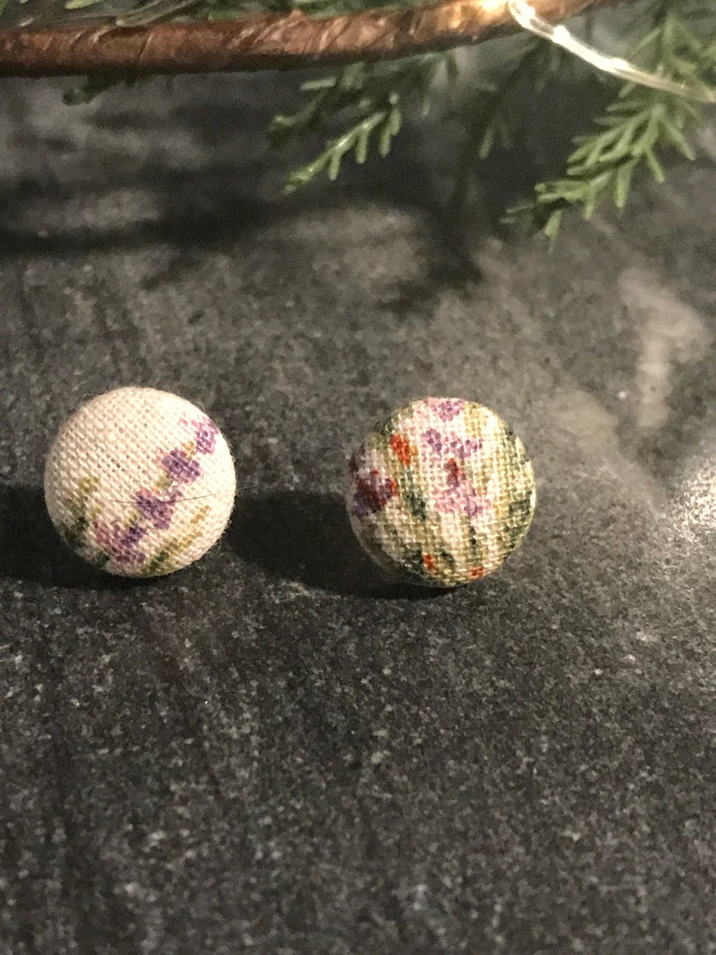 Lavender Floral Earrings Simple Plant Print Fabric Button Studs
