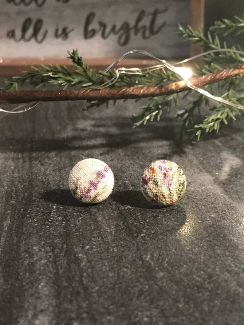 Lavender Floral Earrings Simple Plant Print Fabric Button Studs
