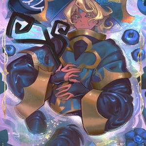 May include: Digital art print featuring a character in blue and gold attire, with a large hat and a melancholic expression. The artwork includes the text "Truthless Recluse" and decorative elements, with a dreamy, ethereal quality.