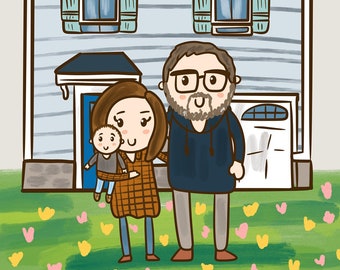 Custom Family Portrait with a House, Perfect First first home gift for a cute family with dogs and a nature background.
