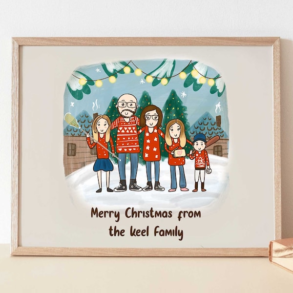 Custom Christmas Family Portrait Illustration perfect for family cards, christmas gifts,  christmas decor indoor,