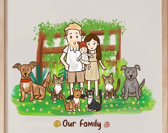 Dessin de portrait de couple personnalisé avec des chiens et des chats mignons dans la cour arrière