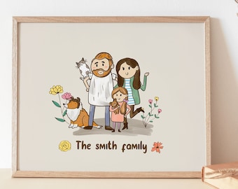 Illustration de portrait de famille avec animaux de compagnie, dessin animé personnalisé mignon, cadeau pour maman, cadeau personnalisé, portrait de couple, portrait à partir d'une photo