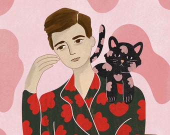 Fashion illustration art print of  man with cat and flower print outfit