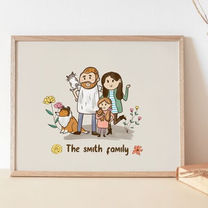 Illustration de portrait de famille avec animaux de compagnie, dessin animé personnalisé mignon, cadeau pour maman, cadeau personnalisé, portrait de couple, portrait à partir d'une photo