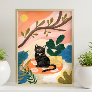 Colorful Black Cat Animal Print in the Jungle for instant download and digital printable image 1