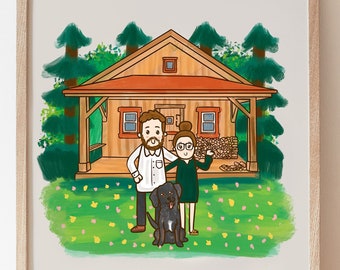 Custom Family Portrait with a House and pets, Perfect First first home gift for a cute family with dogs and a nature background.