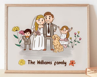 Custom Family Portrait  with pets, Cute Custom Cartoon Drawing Illustration, personalized gift, couple portrait, portrait from photo