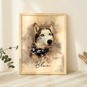 Dog Portrait Custom Painting, Dog Memorial Gift for Men, Syberian Husky gift for Dog Mom or Dog Dad, Watercolor Digital