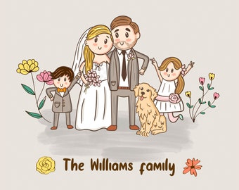 Custom Family Portrait  with pets, Cute Custom Cartoon Drawing Illustration, personalized gift, couple portrait, portrait from photo