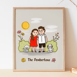 Cartoon Family Portrait illustration with Dogs, Cute Custom Cartoon Drawing, personalized couple portrait, portrait from photo, digital