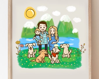 Custom Family Portrait illustration with pets and dogs with a natural background with mountains and river, perfect dog memorial Gift