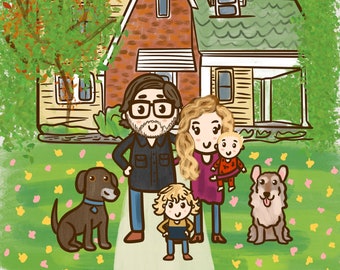 Illustration familiale personnalisée avec maison et jardin avec fleurs et animaux domestiques