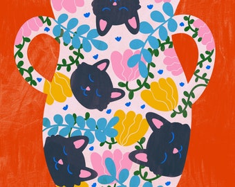 Funny and cute Art Print of cat on a vessel with flowers and plants, perfect for nursery kids or cat lovers