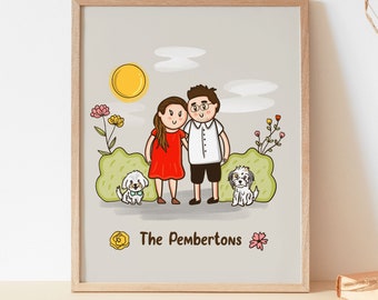 Cartoon Family Portrait illustration with Dogs, Cute Custom Cartoon Drawing, personalized couple portrait, portrait from photo, digital