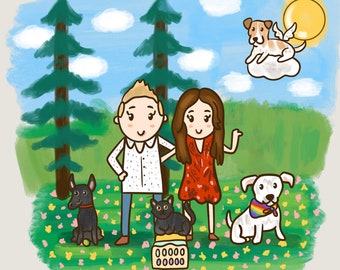 Custom lesbian family portrait illustration with cats and dogs, it's a perfect gift for a dog memorial or pet loss gift