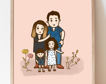 Illustration de portrait numérique de famille personnalisée Dessin avec des enfants avec des fleurs et un fond rose