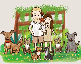 Custom couples portrait drawing with cute dogs and cats in the backyard