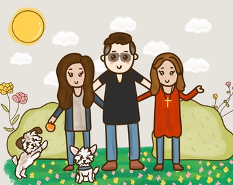 Cute custom family illustration with kids playing with pets and dogs perfect as a housewarming gift